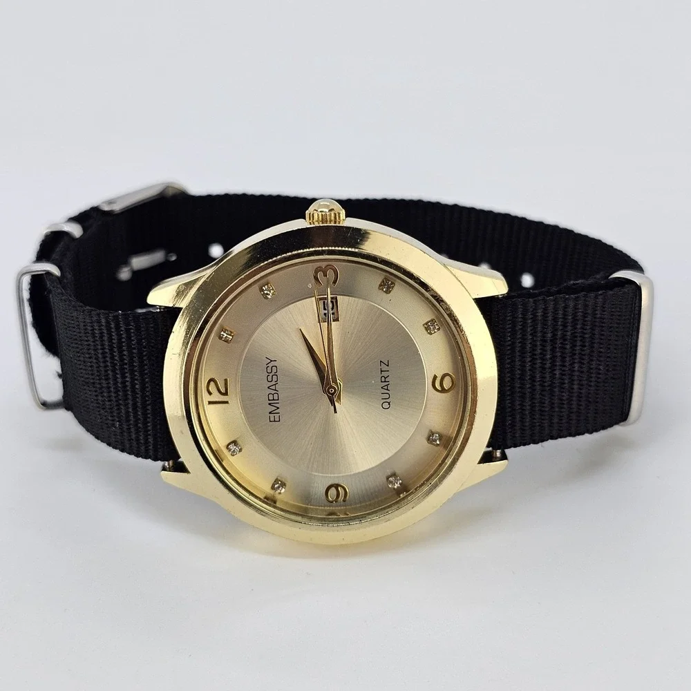 Embassy Men's Analog Watch 38MM Gold Dial Date NEW Black Canvas Band NEW Battery